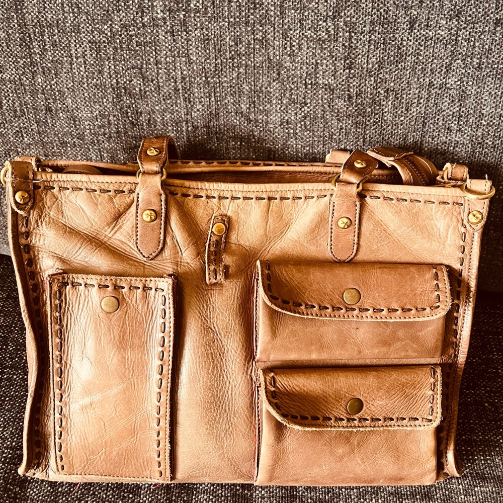 Leather Shoulder Bag with Front Utility Pockets - Tan